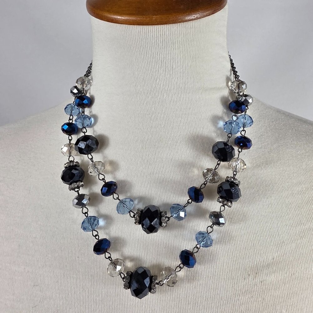 Vintage Trifari Blue Faceted Crystal Glass & Mesh Chain Double Strand Necklace